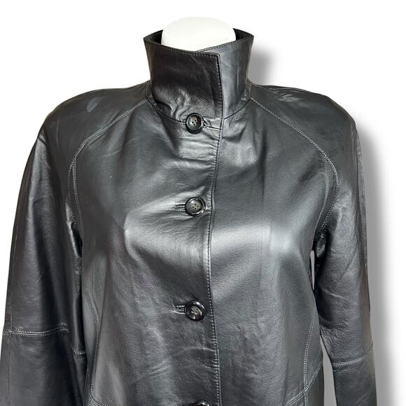 East 5th Womens Leather Jacket Long Coat Collared Button Closure Black Large - Picture 4 of 14